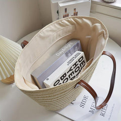 Large Capacity Straw Tote Bag Stitching Shoulder Bag Minimalist Storage Bag