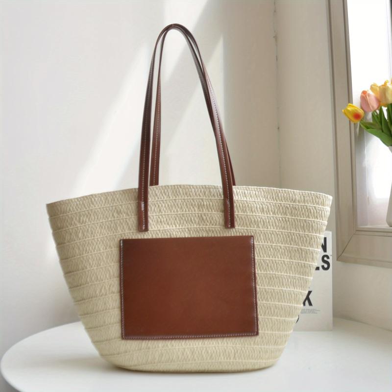 Large Capacity Straw Tote Bag Stitching Shoulder Bag Minimalist Storage Bag