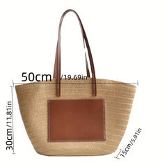Large Capacity Straw Tote Bag Stitching Shoulder Bag Minimalist Storage Bag