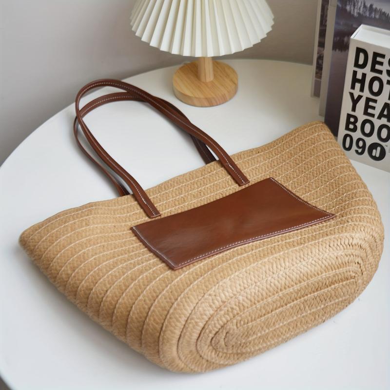 Large Capacity Straw Tote Bag Stitching Shoulder Bag Minimalist Storage Bag