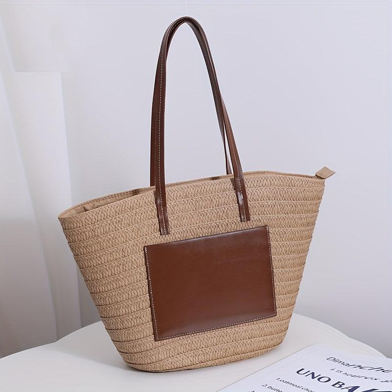 Large Capacity Straw Tote Bag Stitching Shoulder Bag Minimalist Storage Bag