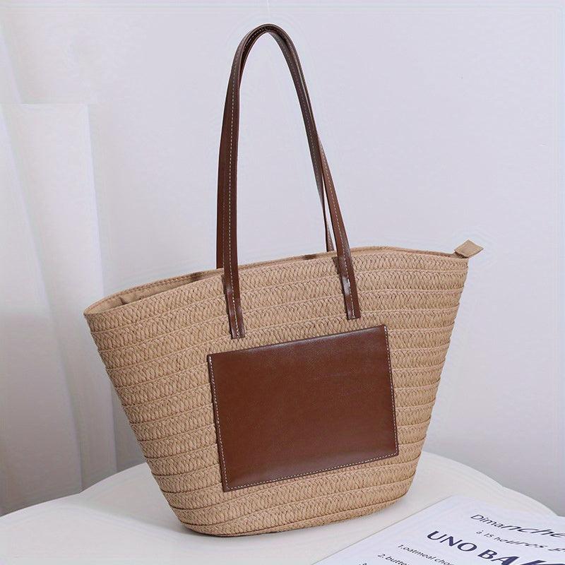Large Capacity Straw Tote Bag Stitching Shoulder Bag Minimalist Storage Bag