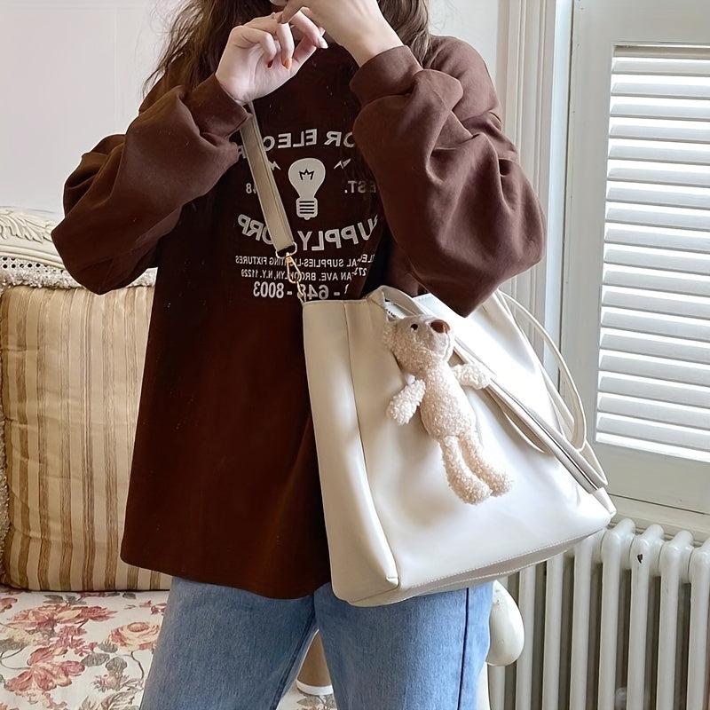 Minimalist Solid Tote Bag Women's Crossbody Bag With Bear Pendant