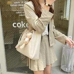 Minimalist Solid Tote Bag Women's Crossbody Bag With Bear Pendant