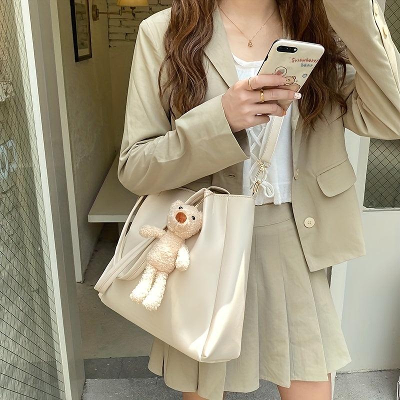 Minimalist Solid Tote Bag Women's Crossbody Bag With Bear Pendant