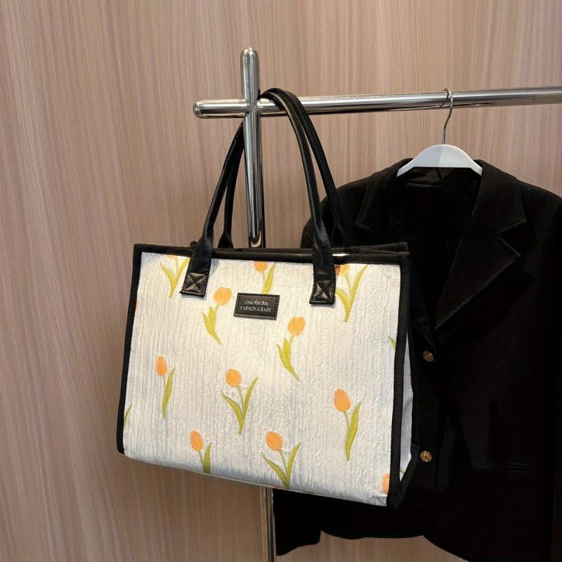 Large Capacity Plant Graphic Tote Bag with Top Handle