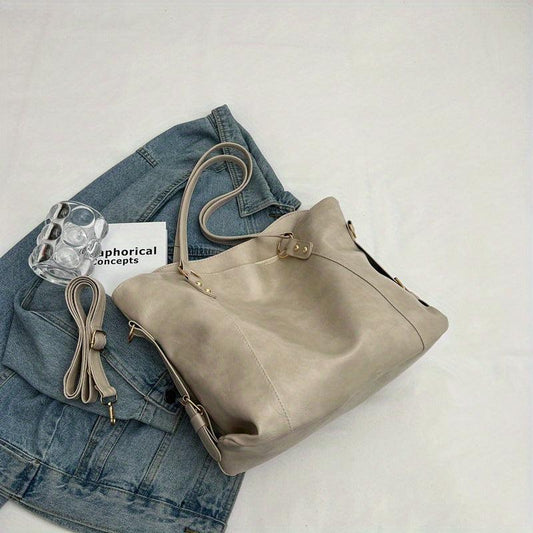 Vintage PU Leather Tote Bag Large Capacity Shoulder Bag Studded Decor Handbag