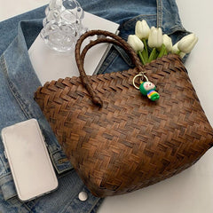 Vintage Rattan Woven Tote Bag Boho Style Summer Beach Bag