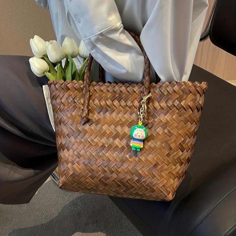 Vintage Rattan Woven Tote Bag Boho Style Summer Beach Bag