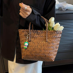 Vintage Rattan Woven Tote Bag Boho Style Summer Beach Bag