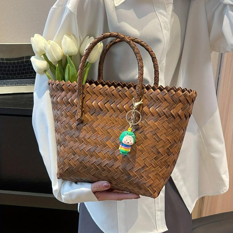 Vintage Rattan Woven Tote Bag Boho Style Summer Beach Bag