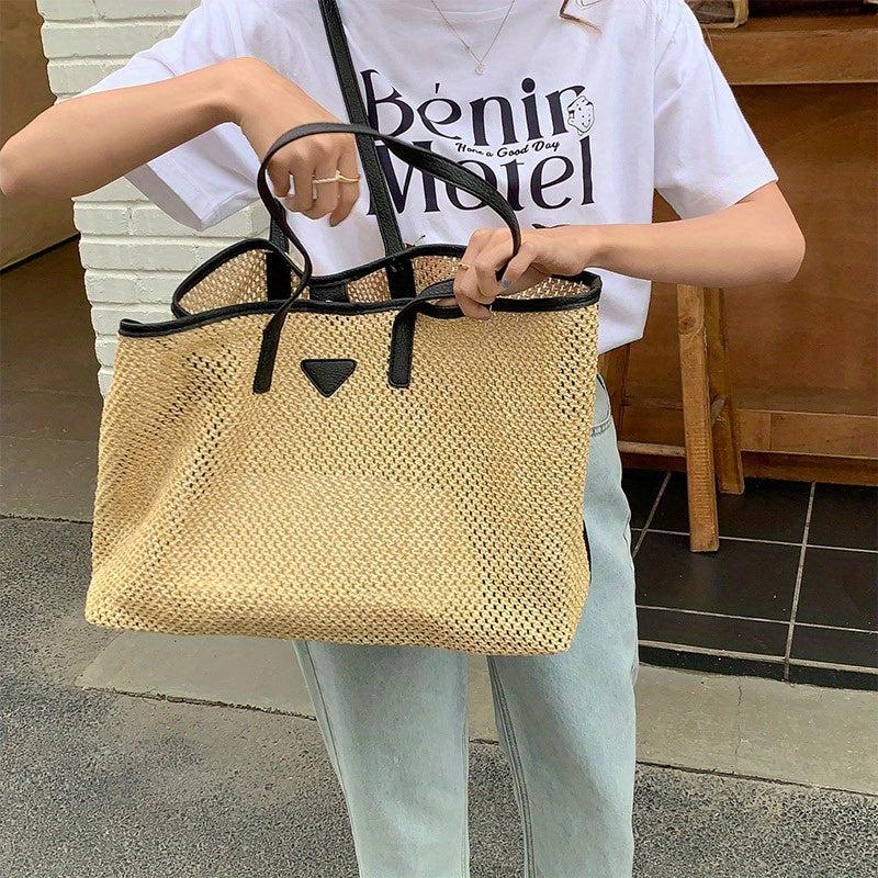 Straw Woven Tote Bag Large Capacity Shoulder Bag for Summer Beach & Travel