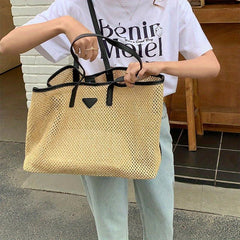 Straw Woven Tote Bag Large Capacity Shoulder Bag for Summer Beach & Travel