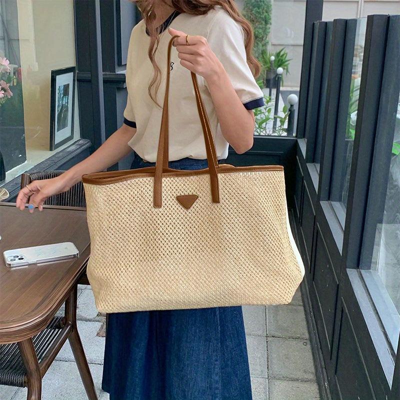 Straw Woven Tote Bag Large Capacity Shoulder Bag for Summer Beach & Travel
