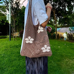 Mesh Knitted Flower Hobo Bag Beach Tote Women's Shoulder Bag