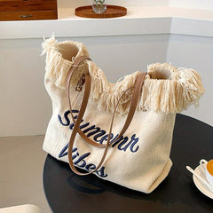 Letter Embroidered Tote Shoulder Bag Satchel Bag with Tassel