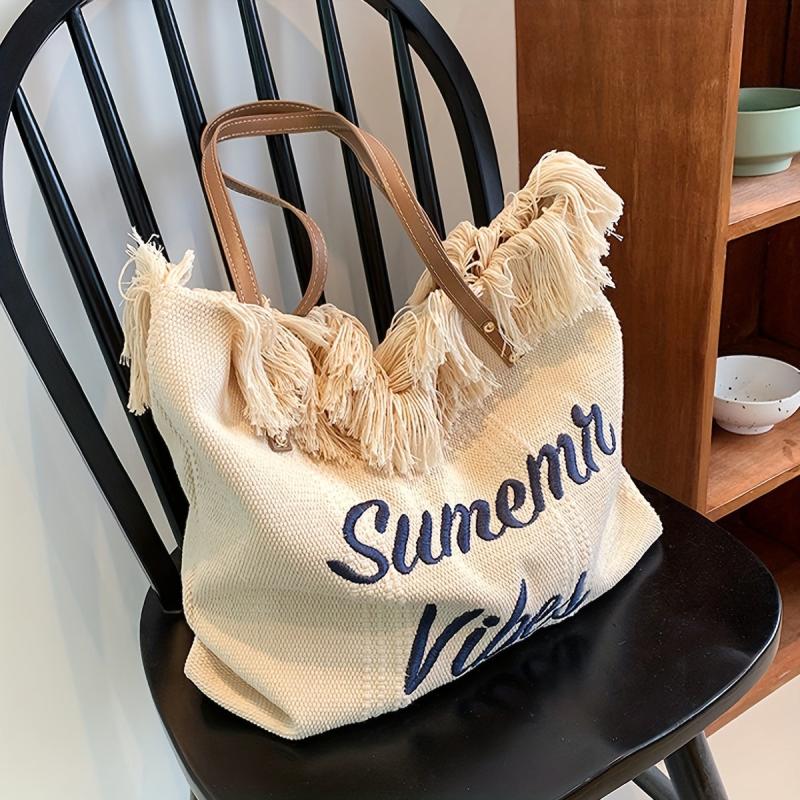 Letter Embroidered Tote Shoulder Bag Satchel Bag with Tassel