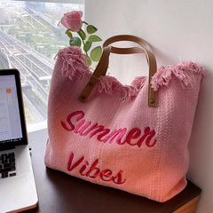 Letter Embroidered Tote Shoulder Bag Satchel Bag with Tassel