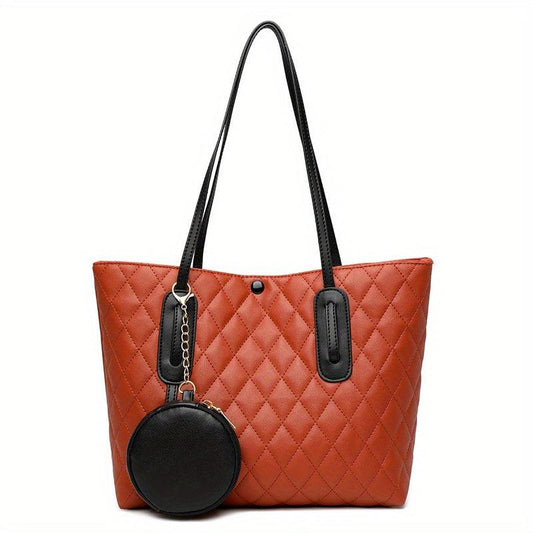 Women's Quilted Shoulder Bag Solid Tote With Coin Purse