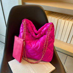 Quilted Metal Chain Large Capacity Tote Bag Lightweight Textured Shoulder Bag