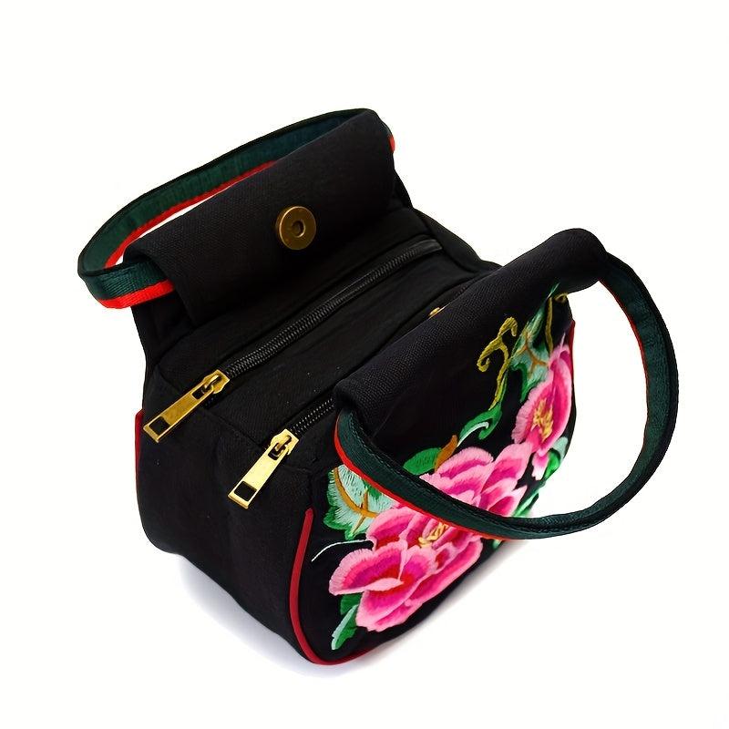 Vintage Flower Embroidery Satchel Bag Zipper Handbag Ethnic Bag