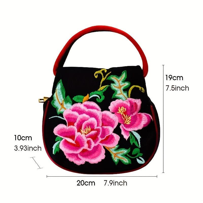 Vintage Flower Embroidery Satchel Bag Zipper Handbag Ethnic Bag