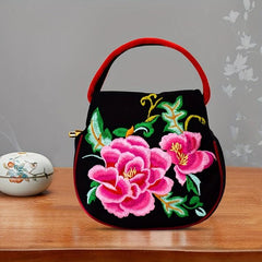Vintage Flower Embroidery Satchel Bag Zipper Handbag Ethnic Bag
