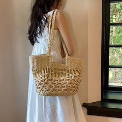 Boho Style Straw Tote Bag for Travel Vacation