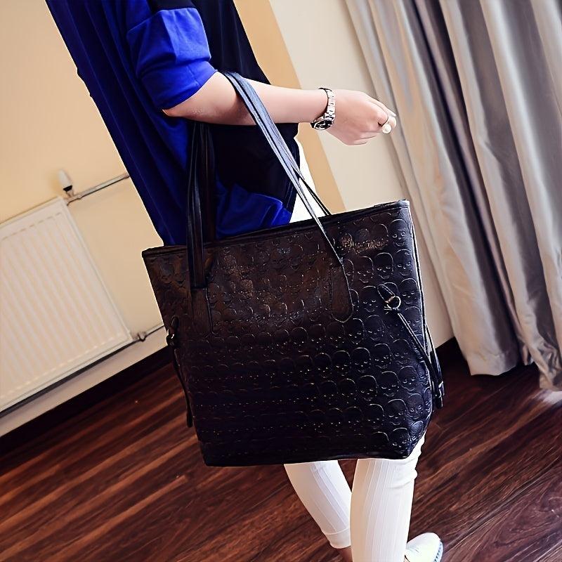 Skull Embossed Tote Bag Faux Leather Shoulder Handbag