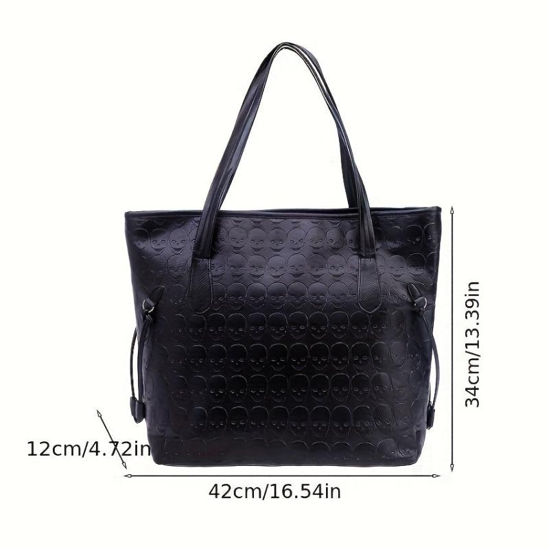 Skull Embossed Tote Bag Faux Leather Shoulder Handbag