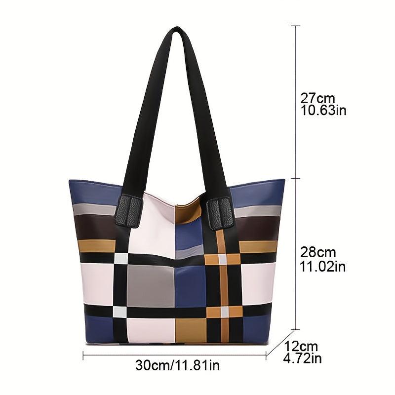 Plaid Tote Bag PU Leather Shoulder Bag Lightweight Casual Commuter Bag