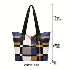 Plaid Tote Bag PU Leather Shoulder Bag Lightweight Casual Commuter Bag