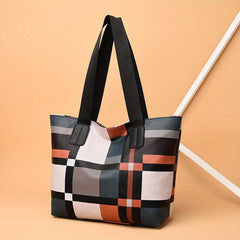 Plaid Tote Bag PU Leather Shoulder Bag Lightweight Casual Commuter Bag