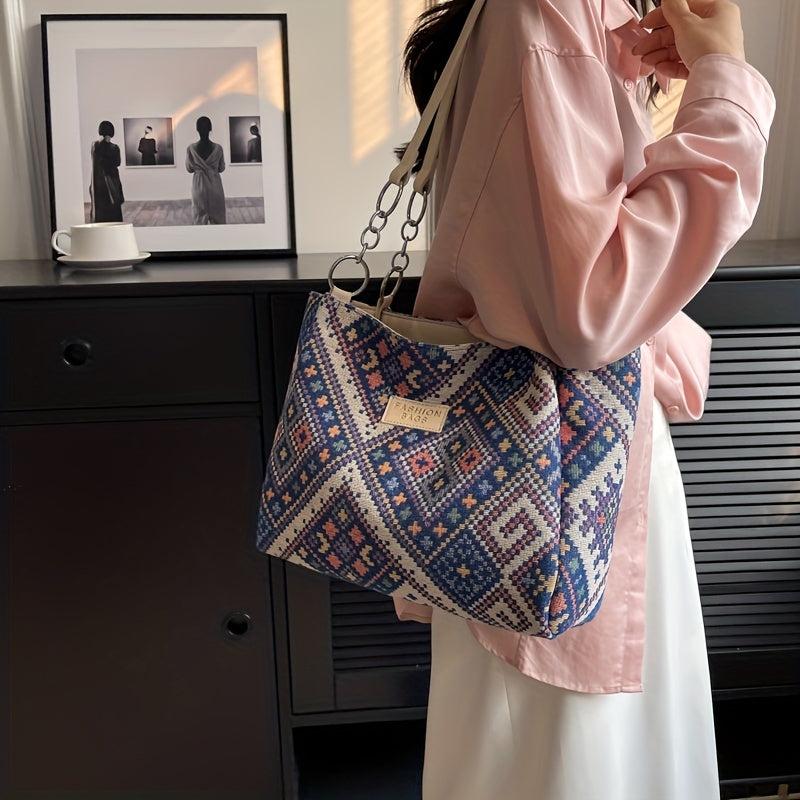 Geometric Pattern Tote Bag Canvas Shoulder Bag Women's Chain Handbag