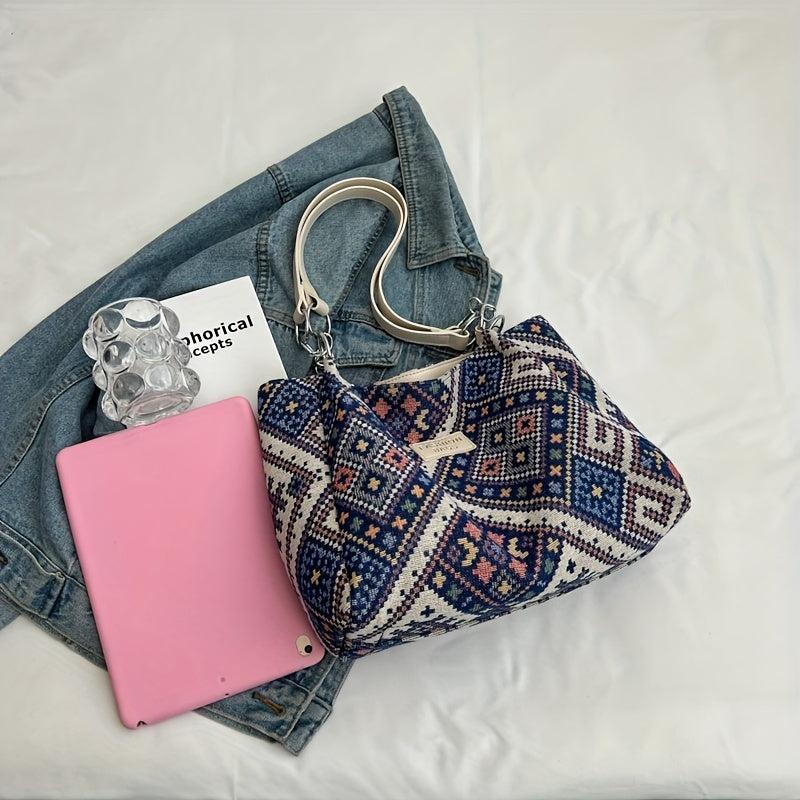 Geometric Pattern Tote Bag Canvas Shoulder Bag Women's Chain Handbag