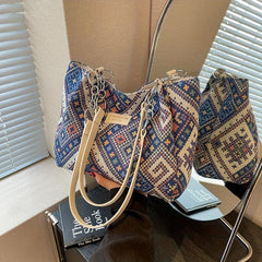 Geometric Pattern Tote Bag Canvas Shoulder Bag Women's Chain Handbag