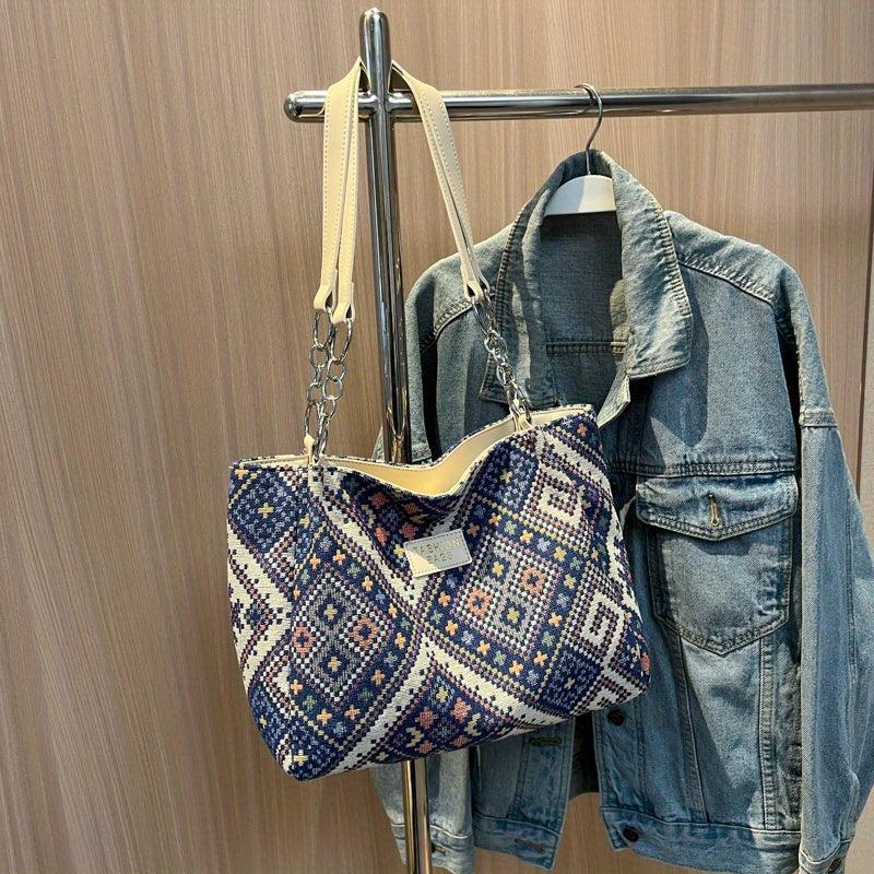 Geometric Pattern Tote Bag Canvas Shoulder Bag Women's Chain Handbag