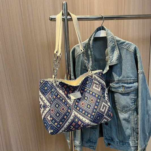 Geometric Pattern Tote Bag Canvas Shoulder Bag Women's Chain Handbag