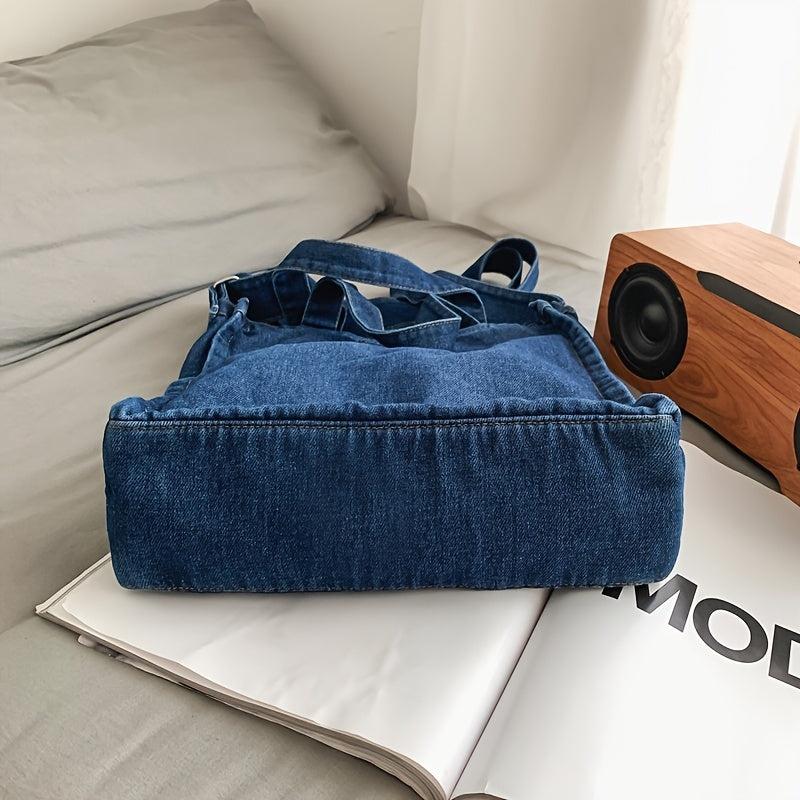 Large Capacity Denim Tote Bag with Adjustable Strap