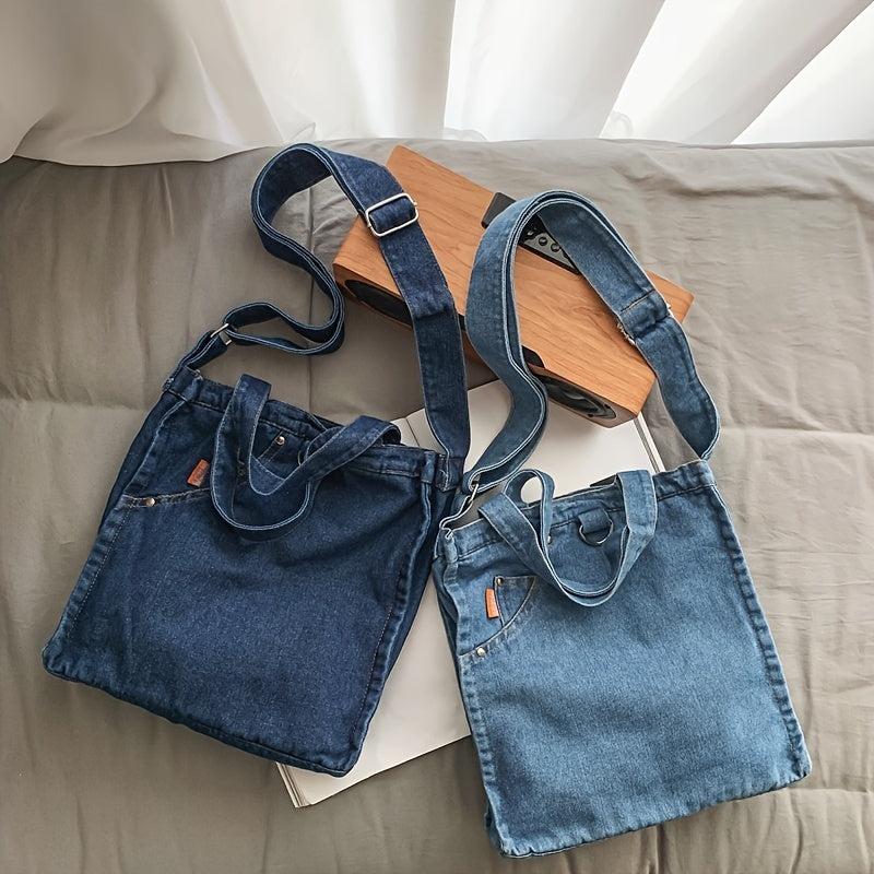 Large Capacity Denim Tote Bag with Adjustable Strap