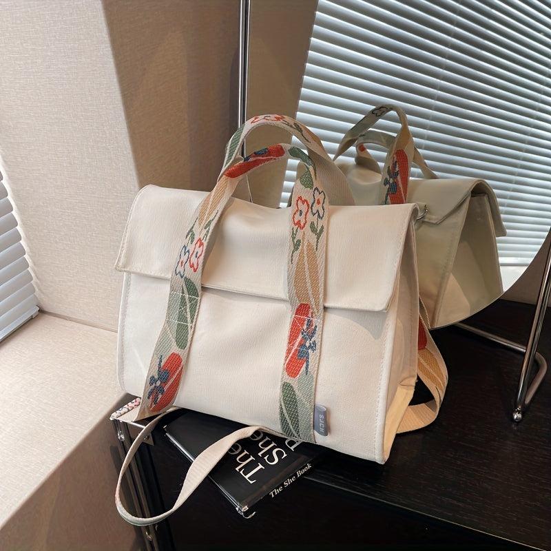 Vintage Canvas Flower Strap Tote Bag for Women