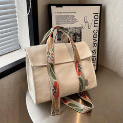 Vintage Canvas Flower Strap Tote Bag for Women