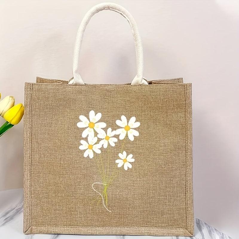 Flower Pattern Linen Tote Bag Large Capacity Shopping Bag