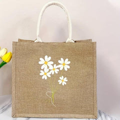 Flower Pattern Linen Tote Bag Large Capacity Shopping Bag
