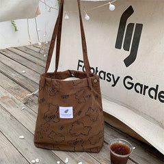 Bear Pattern Tote Bag Corduroy Shoulder Bag Large Handbag