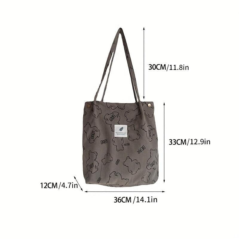 Bear Pattern Tote Bag Corduroy Shoulder Bag Large Handbag