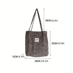 Bear Pattern Tote Bag Corduroy Shoulder Bag Large Handbag