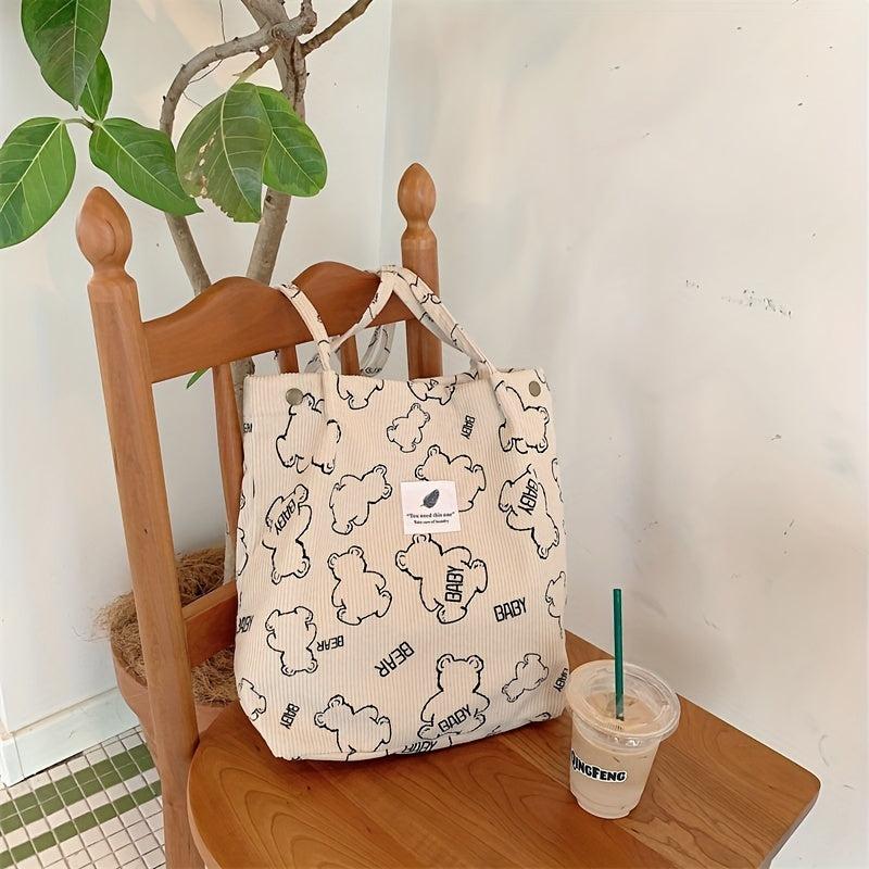 Bear Pattern Tote Bag Corduroy Shoulder Bag Large Handbag