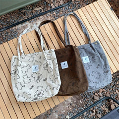 Bear Pattern Tote Bag Corduroy Shoulder Bag Large Handbag