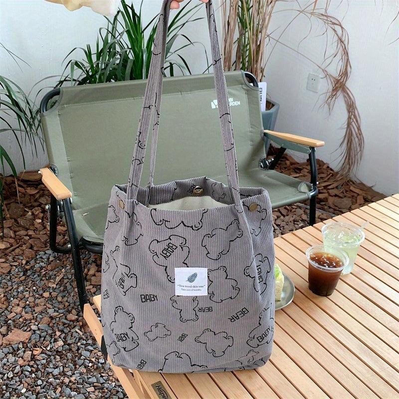 Bear Pattern Tote Bag Corduroy Shoulder Bag Large Handbag